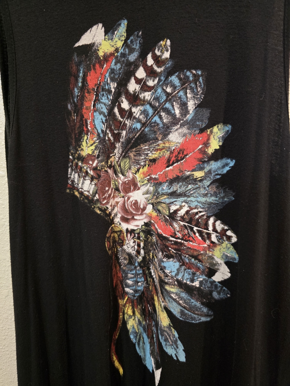 Black Sleeveless Maxi Dress with Colorful Feather Motif - Picture 2 of 4